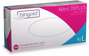 Bingold Einweghandschuh Nitril 35PLUS 634303 L weiß 100 Stück Packung mit 10 Stück