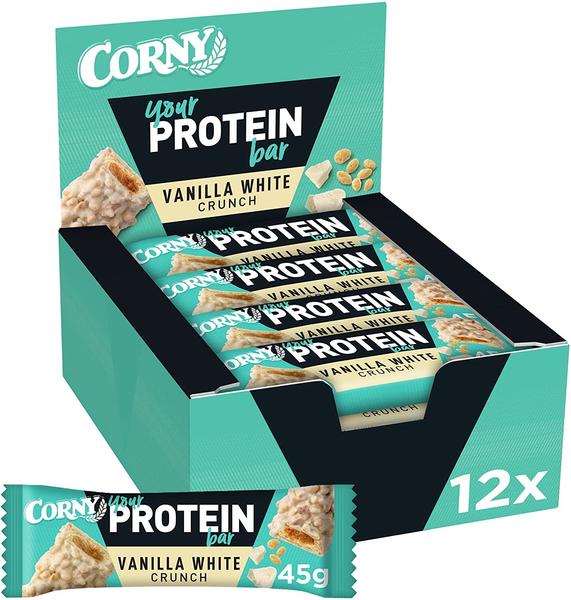 CORNY Your Protein Vanilla White Crunch, Eiweiß-Riegel mit 30% Protein, ohne Zuckerzusatz, 12er Pack (12 x 45g Riegel)