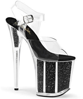 Pleaser Plateausandaletten klar schwarz Glittereinsätzen