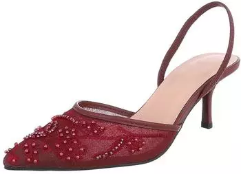 Ital Design Damen Abendschuhe mit Perlen und Knöchelriemen bordeaux