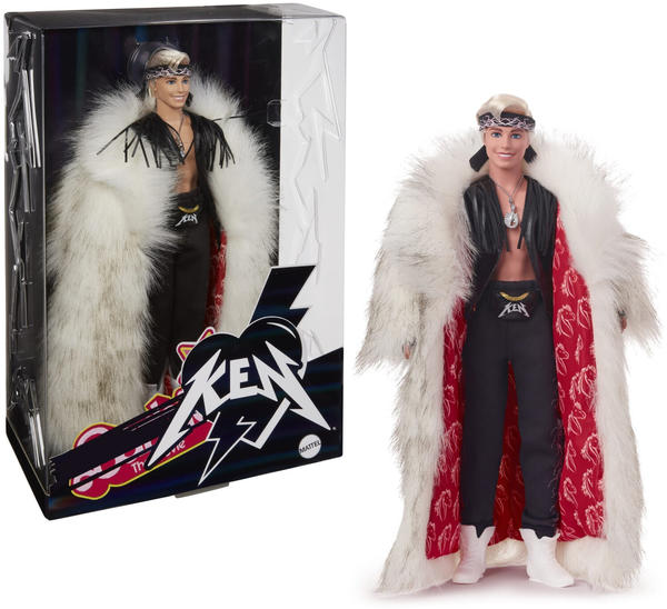 Barbie The Movie - Ken Doll Wearing Faux Fur Coat And Black Fringe Vest (HRF31)