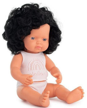 Miniland Baby doll caucasian curly black hair girl 38cm