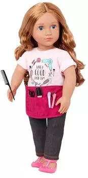 Our Generation Puppe Sabrina 46cm Stylistin mit Stylistenschürze, Puppenzubehör und gewelltes braunes Haar zum Frisieren