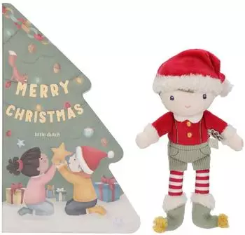 Little Dutch Geschenkset 2-teilig Stoffpuppe Jim im Weihnachts-Outfit und Bilderbuch in Tannenbaum-Form Weihnachten