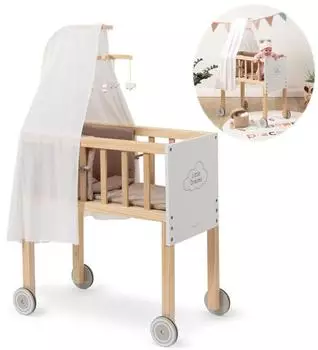 Ella & Piet Großer Puppen-Stubenwagen DREAMY aus Holz mit Himmel (Weiß-Schlamm)