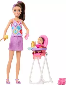 Barbie Skipper Babysitters Inc. Spielset mit Hochstuhl, br&uuml;netter Puppe & Kleinkind (JJB44)