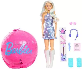 Barbie Roll and Reveal Pop Star Puppe, blond, 8 &Uuml;berraschungen, Discokugel-H&uuml;lle (JMK19)