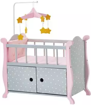 Teamson Kids Polka Dot Princess Puppenbett aus Holz mit Stauraum, Kissen und Mobile, grau/pink (TD-0206AG)