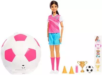 Barbie Team Roll & Reveal Fu&szlig;ballspielerin-Puppe mit Zubeh&ouml;r, br&uuml;nett (JMK20)