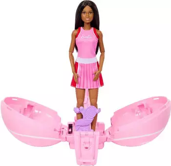 Barbie Tennisspieler-Puppe, br&uuml;nett, 8 &Uuml;berraschungs-Accessoires, Tennisball-Verpackung (JMY56)