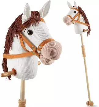TecTake Hobby Horse Steckenpferd mit Rollen, Pl&uuml;schkopf, wei&szlig;