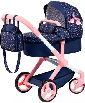 Bayer Design Xeo Kombi-Puppenwagen mit Wickeltasche, Blumen rosa/dunkelblau (17039AA)