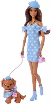 Barbie Twinning Looks Br&uuml;nette Puppe mit Hund, Gepunktet (JFP38)