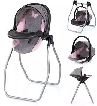 Bayer Design Puppen-Autositz 4in1 mit Wippe, grau/rosa, Schmetterling (63833AA)