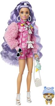 Barbie Extra Puppe rosa Jeansjacke, passende Shorts, kleiner Hund (GXF08)