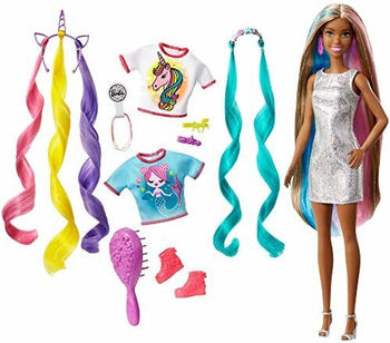 Barbie Fantasie-Haar Puppe (brünett), Meerjungfrau- und Einhorn-Look, Anziehpuppe GHN05