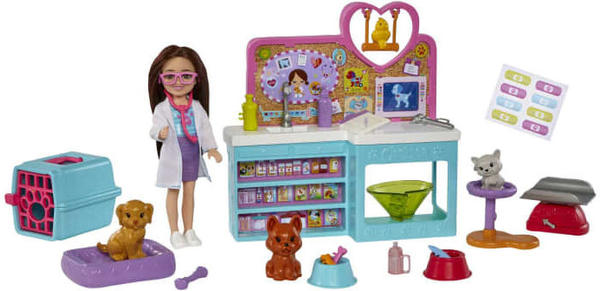 Barbie Chelsea Pet Vet Playset With Doll, 4 Animals And 18 Pieces (HGT12)