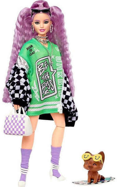 Barbie Extra Puppe mit Rennwagejacke und lila Haaren