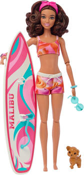 Barbie Doll With Surfboard And Puppy, Poseable Brunette Beach Doll (HPL69)