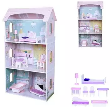 Moni Anna 4121 Holz-Puppenhaus, 3 Etagen, 8-tlg. Möbelset (107899)