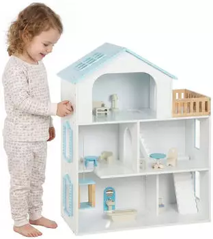 AIYAPLAY Puppenhaus 3 Etagen mit Aufzug & 13 Möbeln 79,5 cm