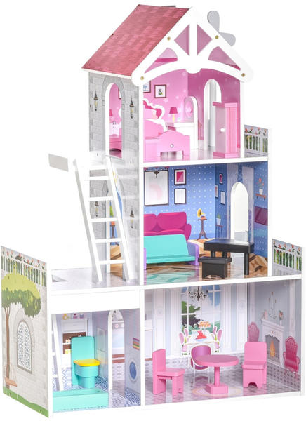 HomCom Kinder Puppenhaus mit 3 Etagen - rosa