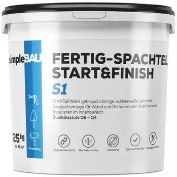 SimpleBau Spachtelmasse Start&Finish gebrauchsfertig zum Reparieren und Gl&auml;tten von W&auml;nden Perfekte wei&szlig;e Farbe, 25kg