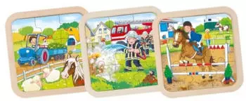 Goki Holzpuzzle Bauernhof, Feuerwehr, Pferd, 9 Teile (57382)