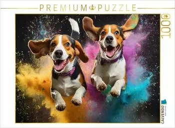 Calvendo Puzzle Zwei Beagle in Holi Pulver Farbwolke, 1000 Teile, 64x48cm