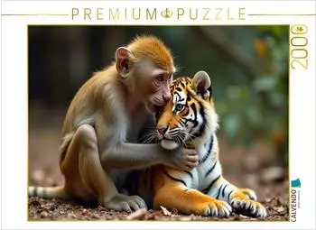 Calvendo &Auml;ffchen mit jungem Tiger Foto-Puzzle 2000 Teile 90x67cm