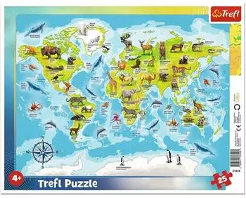 Trefl Rahmenpuzzle Weltkarte mit Tieren, 25 Teile, f&uuml;r Kinder (31340)