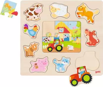 Goki Einlegepuzzle Bauernhoftiere, Holz, 15 Teile (57371)