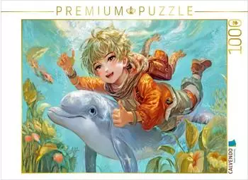 Calvendo Puzzle Manga-Figuren schwimmend mit einem Delphin, 1000 Teile, 64&times;48cm