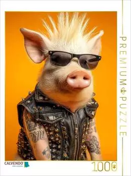 Calvendo Puzzle "Cooles Punk Schwein mit Irokesenschnitt, Tattoos und Rocker-Lederweste" 1000 Teile, 64x48cm