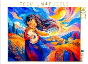 Calvendo Puzzle M&auml;dchen mit Katze im herbstlichen Wind, 1000 Teile, 64&times;48cm