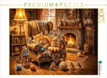 Calvendo Puzzle &bdquo;Katze schl&auml;ft im Ohrensessel w&auml;hrend M&auml;use eine warme Decke stricken" 1000 Teile, 64&times;48cm