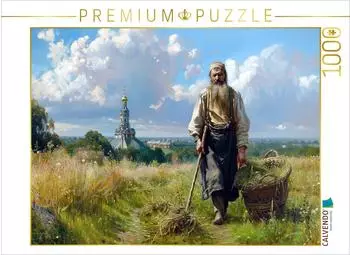 Calvendo Puzzle &bdquo;Russischer Bauer vor einer Kirche bei der Heumahd" 1000 Teile, 64&times;48cm