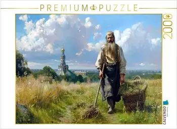 Calvendo Foto-Puzzle &bdquo;Russischer Bauer vor einer Kirche bei der Heumahd" 2000 Teile, 90&times;67cm