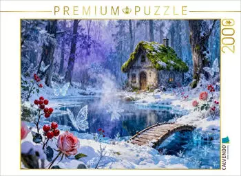 Calvendo Puzzle „Winter Cottage am Bach mit Brücke und Rosenzauber" 2000 Teile, 90x67cm