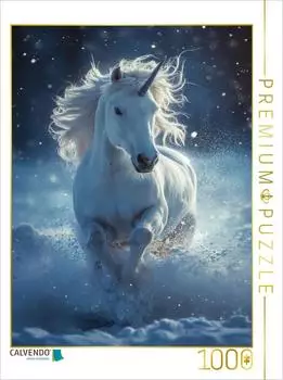 Calvendo Winterspuren: Ein wei&szlig;es Einhorn im blauen Schneetanz