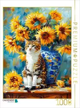 Calvendo Katze im Stillleben mit Sonnenblumen in Blumenvase im impressionistischen Stil