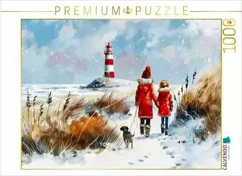 Calvendo Winterspaziergang mit Hund am Meer Aquarellbild