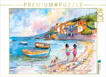 Calvendo Zwei Kinder mit Hund an mediterranem am Bootsstrand