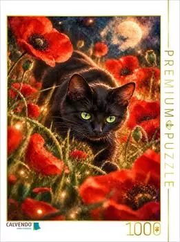 Calvendo Puzzle &bdquo;Sommerpirsch im Mohnfeld" schwarze Bombaykatze, 1000 Teile, 64&times;48cm