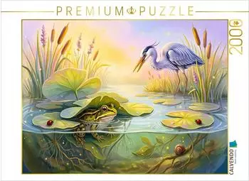 Calvendo Puzzle "Frosch versteckt sich unter Seerosenbl&auml;ttern vor dem Graureiher" 2000 Teile, 90&times;67cm