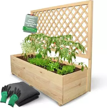 holz4home Pflanzkasten mit Rankgitter XL 44x128x104 cm inkl Gartenhandschuhe + Vlies
