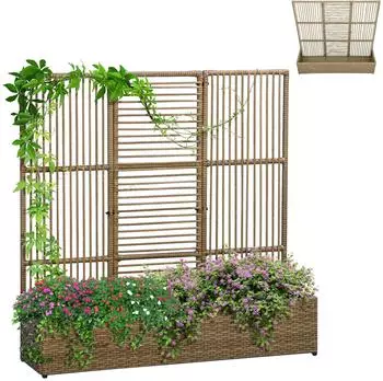 Outsunny Polyrattan-Hochbeet mit Rankgitter, 103x103x29cm, sand