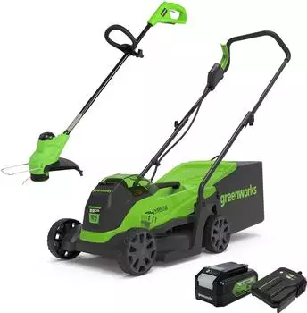 Greenworks Greenworks Electric 24V 33cm 30L Grass Catcher Box GD24LM33 and Cordless Grass Trimmer 25cm G24LT25 Auto Feed Head incl. 1 Battery 4Ah & Charger