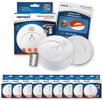 Nemaxx 9x Nemaxx SP10-NF Rauchwarnmelder - langlebiger Rauchmelder mit 9V Lithiumbatterie DIN EN14604 + NX1 Befestigungspad