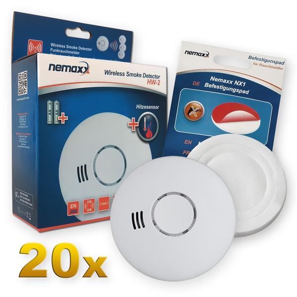 Nemaxx 20x Nemaxx HW-2 Funkrauchmelder Rauchmelder Hitzemelder mit kombiniertem Rauch- und Thermosensor nach DIN EN 14604 + NX1 Quickfix Befestigungspad